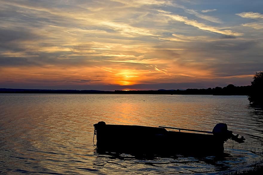 Boat, Lake, Sunset, Silhouette, Water, Sunlight, Sky, Clouds, Nature, Dusk, Evening