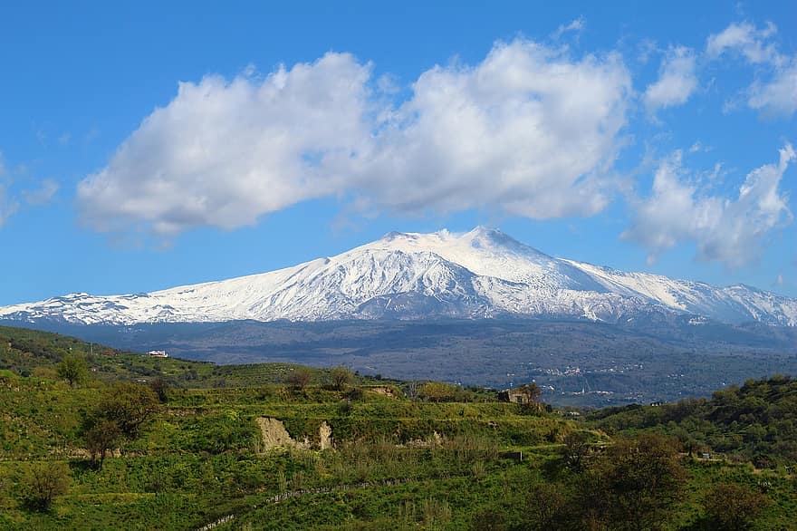 berg-, landschap, Etna, Sicilië, vulkaan, natuur, hemel, wolken, sneeuw, bergtop, wolk