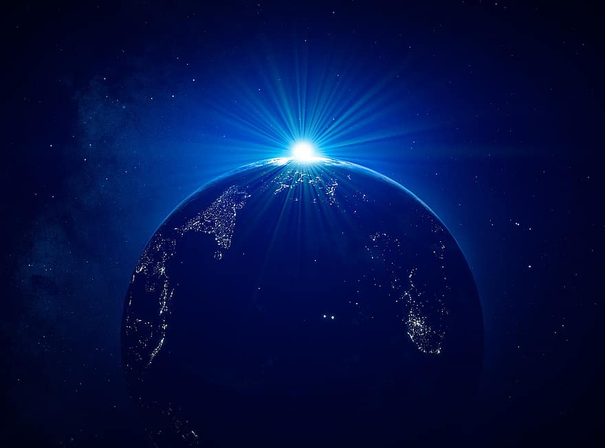 Země, svět, prostor, planeta, slunce, oslnění, světlice, noc, světla, Příroda, Pozadí