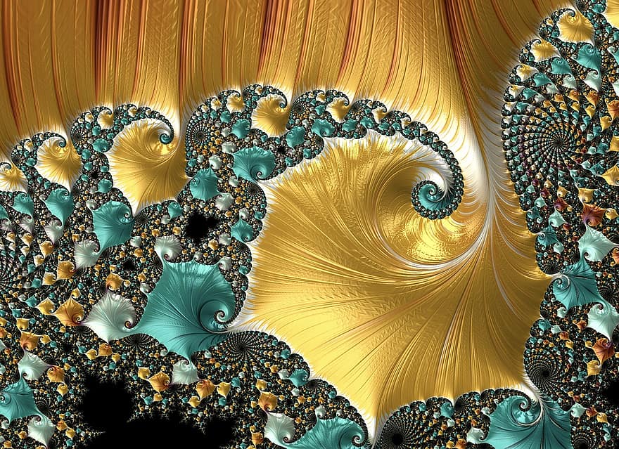 Fraktales Muster, gewundener Hintergrund, goldener Hintergrund, metallischer Hintergrund, digitale Kunst, abstrakte Kunst, Hintergrund, fraktal, Mandelbrot, Julia, abstrakt