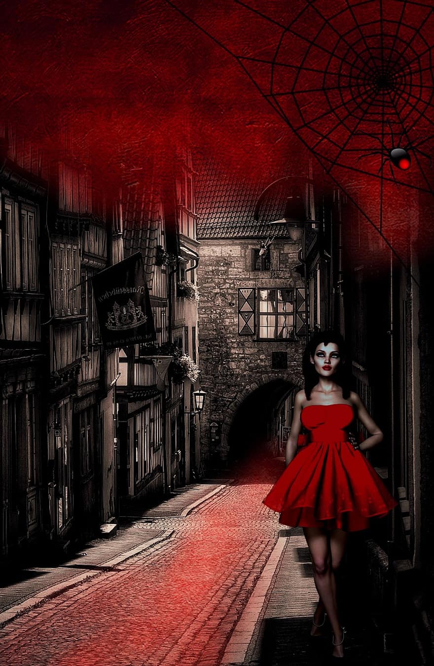 Vampire, Gloomy, Blood, Spider, Web, Fantasy, Road, Middle Ages, Architecture, Alley, Historic Center