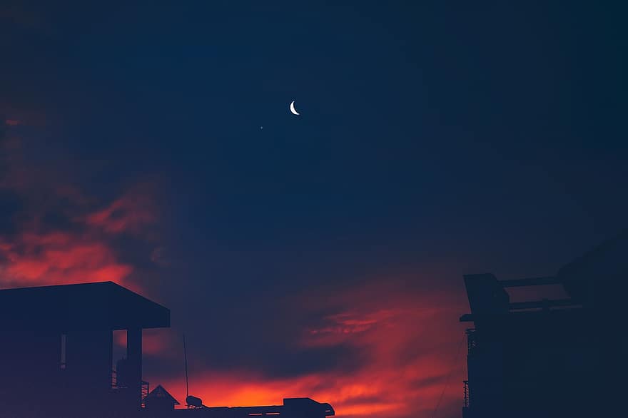 Moon, Sky, Town, Sunset, Saigon, Vietnam, Landscape, night, dusk, silhouette, moonlight
