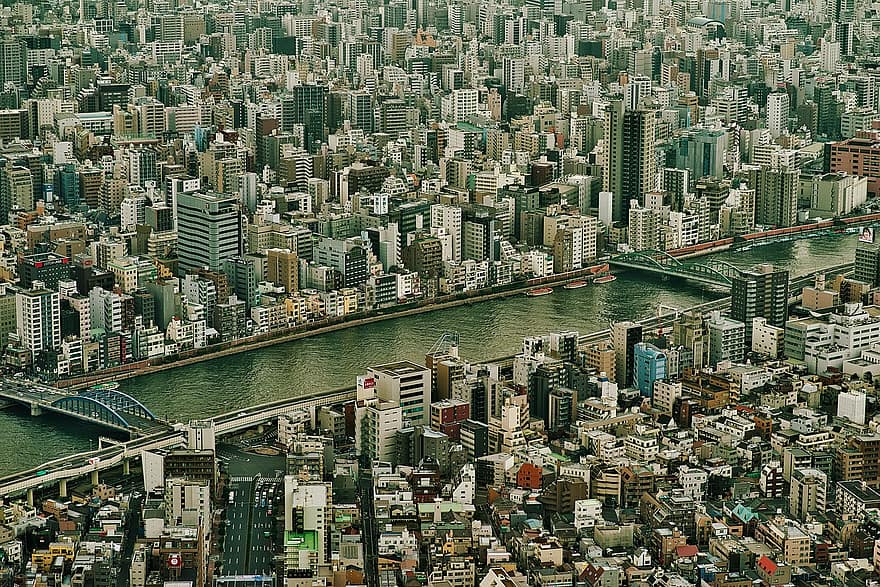 Miasto, most, Japonia, miejski, nowoczesny, pejzaż miejski, widok z góry, rzeka, Tokio