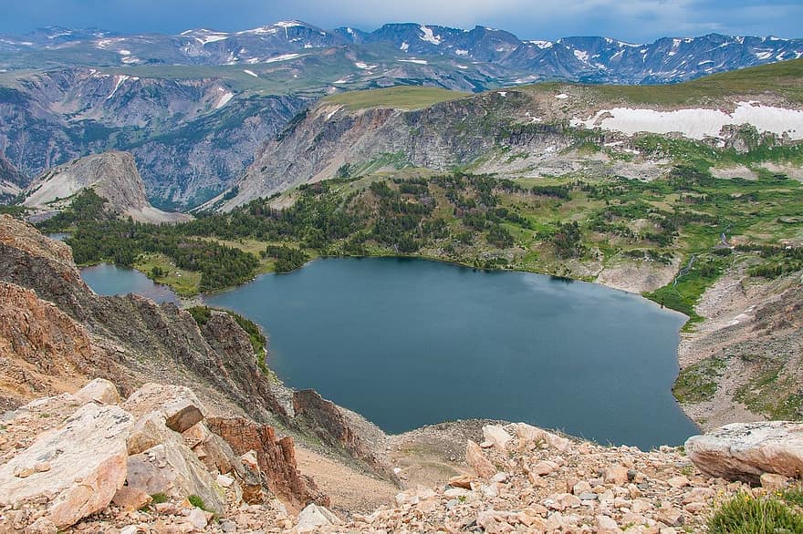 lac, munţi, Parcul Național Yellowstone, Munte, peisaj, apă, vară, stâncă, obiect, varf de munte, albastru