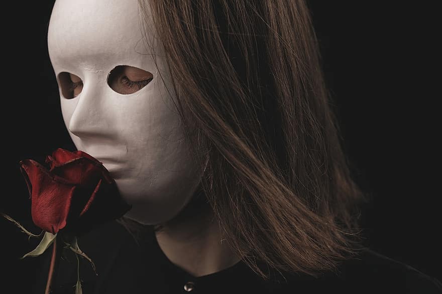 maszk, rózsa, nő, kosztüm, fehér maszk, vörös rózsa, romantikus, románc, szeretet, ajándék, kifejezés