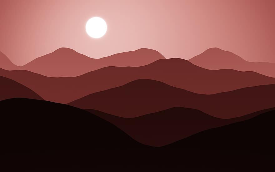 muntanyes, vermell fosc, sol
