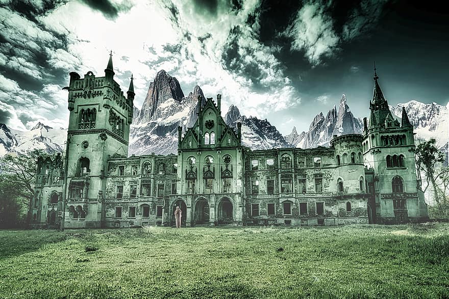 pilis, griuvėsiai, kalnai, apsėstas, dvasia, vaiduoklis, gotika, fasadas, rūmai, mistinis