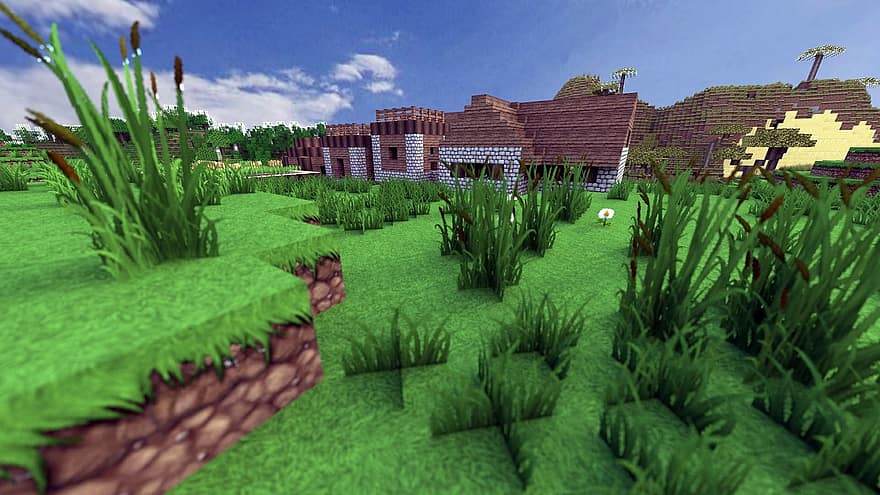 Minecraft, rendre, jeu vidéo, herbe, village, maison, cabine, cabane, paysage, serre, Vidéo verte