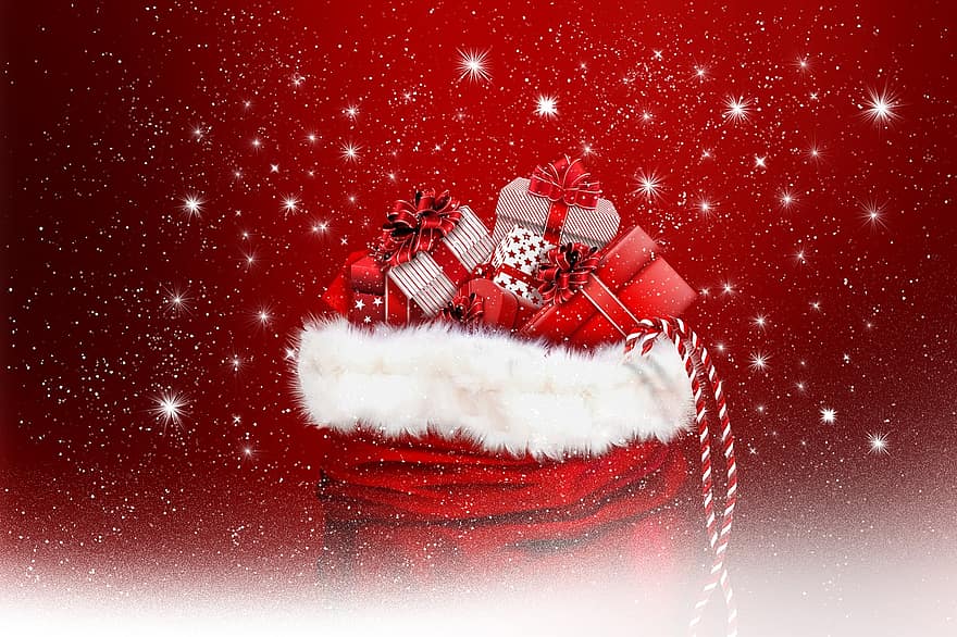 Kerstmis, geschenken, zak, sneeuw, sterren, komst, winter, presenteert, geschenkdozen, cadeau tas, decoratie