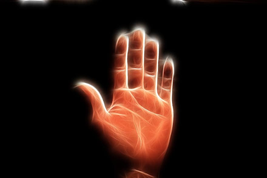 mà, palmell, dit, humà, símbol, thumb, les mans en alt