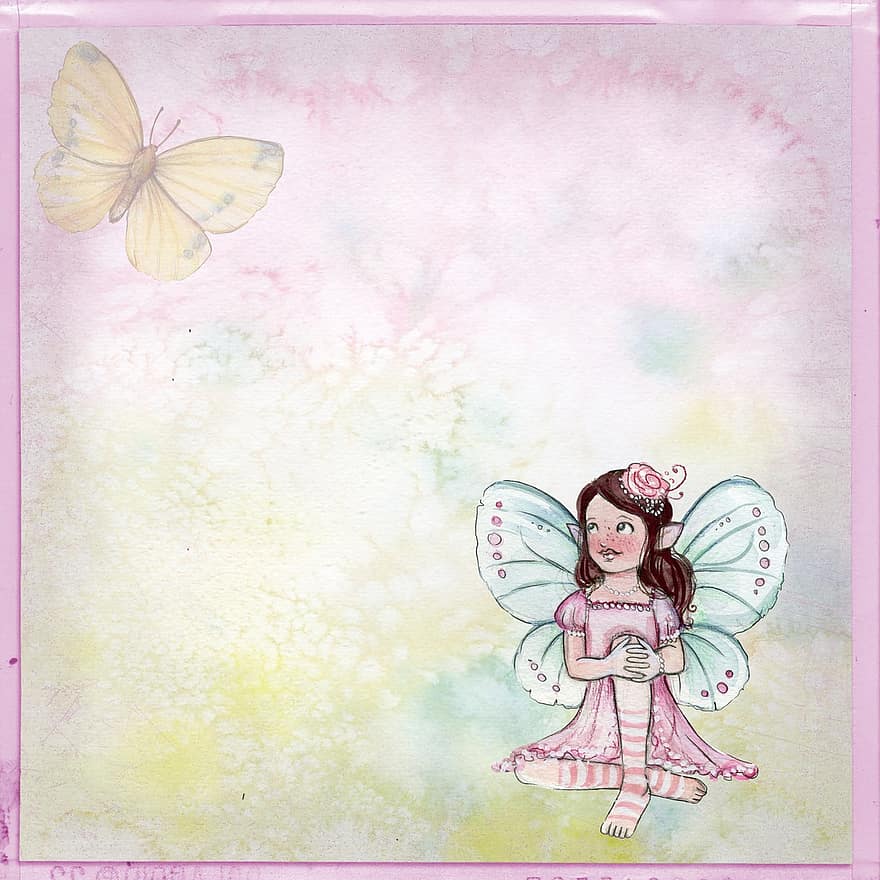дівчина, фея, посміхається, метелик, Вінтаж, фон, квітка, рожевий, гарненька, текстури, барвисті