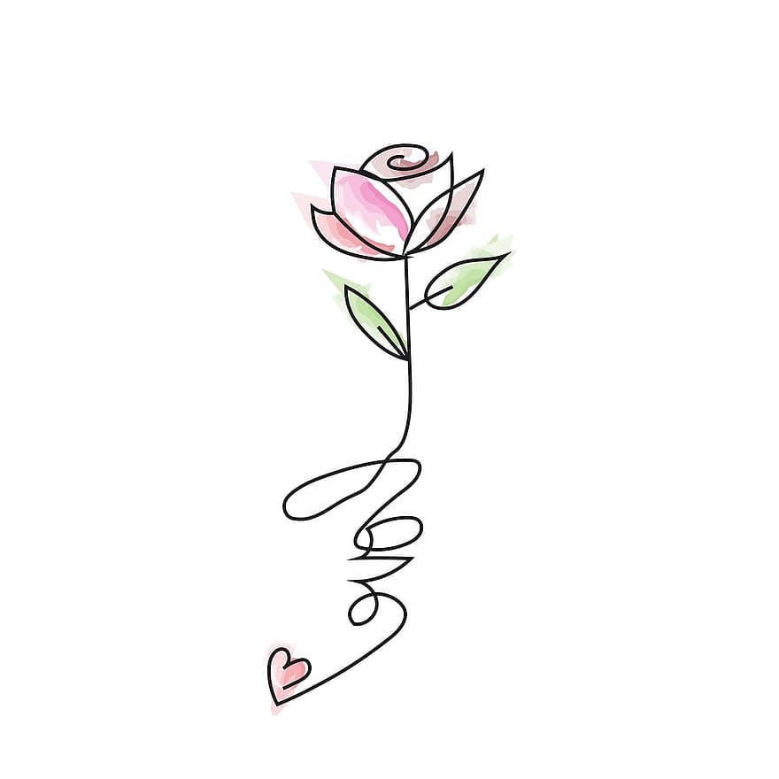 zieds, mīlestība, pieauga, dizains, romantisks, līnijas māksla, zīmējums, skice, zied, lapas, ilustrācija
