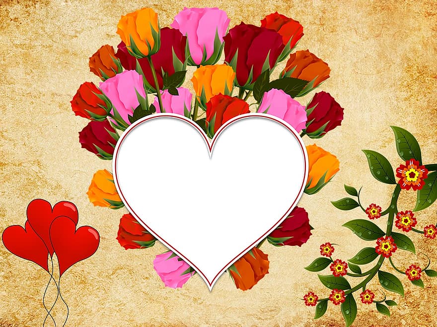 Valentinstag, Herzen, Blumen, Vintage Hintergrund, rote Luftballons, Liebe, Leidenschaft, Tapete, Hintergrundbilder, Floristen, Freundin