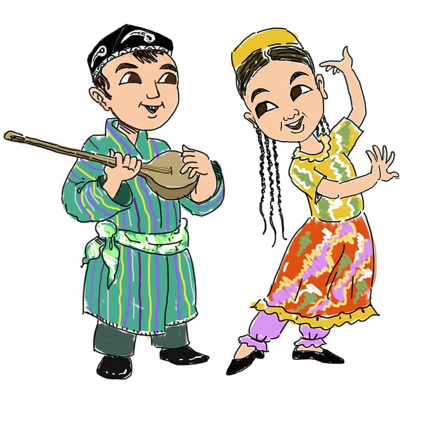 キッズ、音楽、ダンス、楽器、ハッピー、アジア人、ウズベク語、女の子、男の子、子供、若い