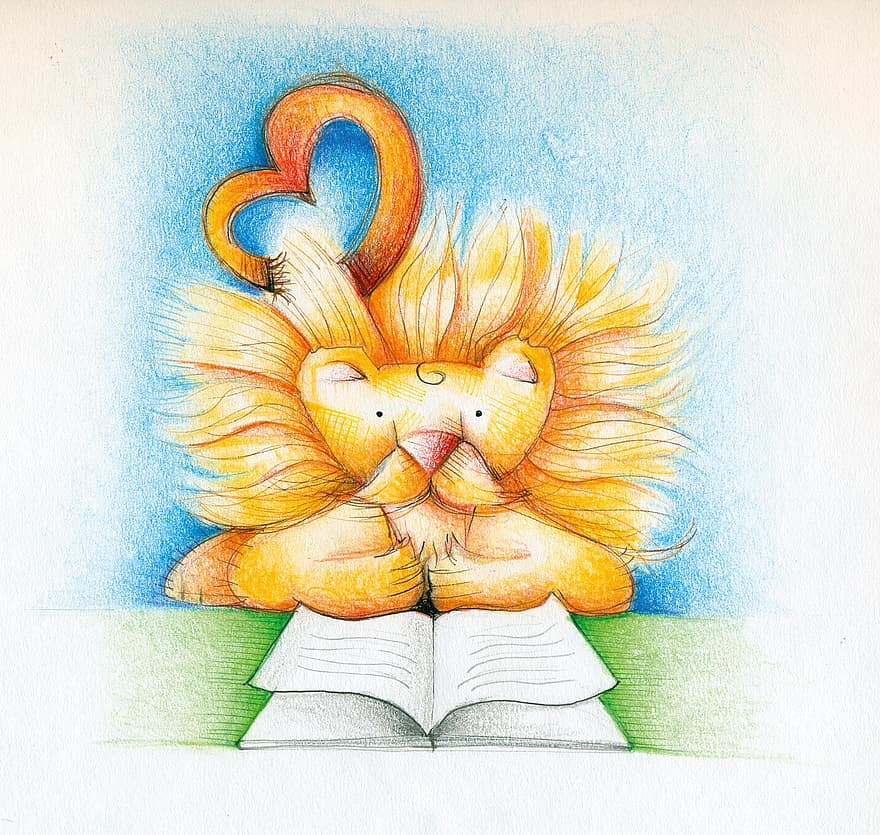 oroszlán, macskaféle, könyv, olvas, szív, király, színes, rajz