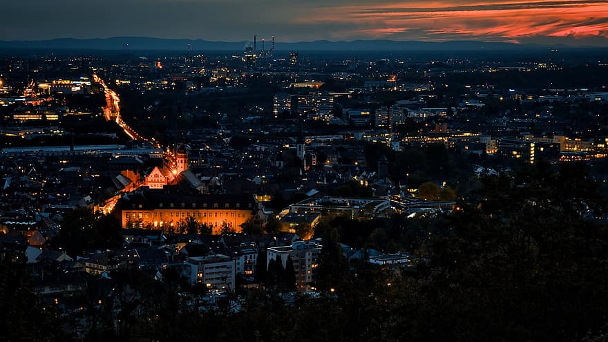 Karlsruhe, by, natt, skumring, solnedgang, lys, bybildet, bygninger, Urban, panorama, kveld