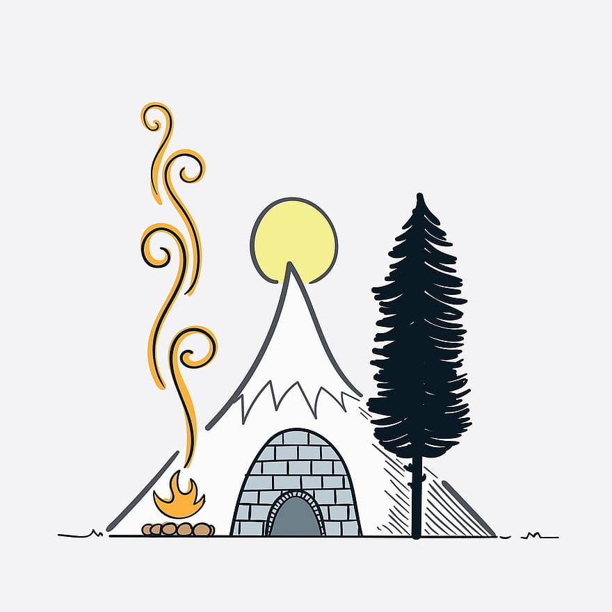 gunung, rumah salju bangsa Eskimo, api unggun, rumah, malam, liar, di luar rumah, gurun, hutan, alam, vintage