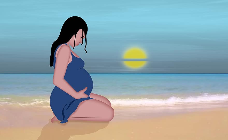 майчинство, плаж, раждане, корем, бременност, нежност, майка, мама, бебе, жена