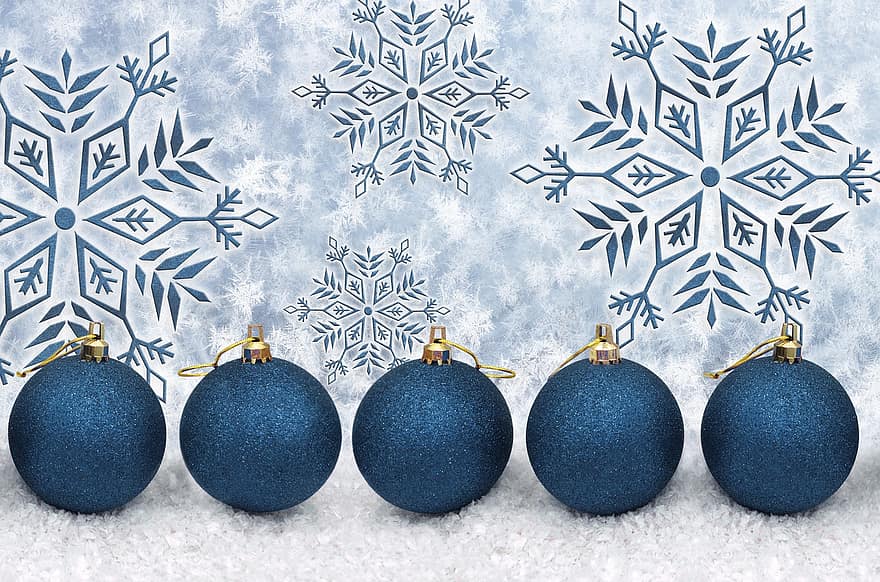 Коледна дрънкулка, снежинки, топки, сини топки, Коледни украшения, коледна украса, Коледа, заден план, тапети, коледен мотив, сняг