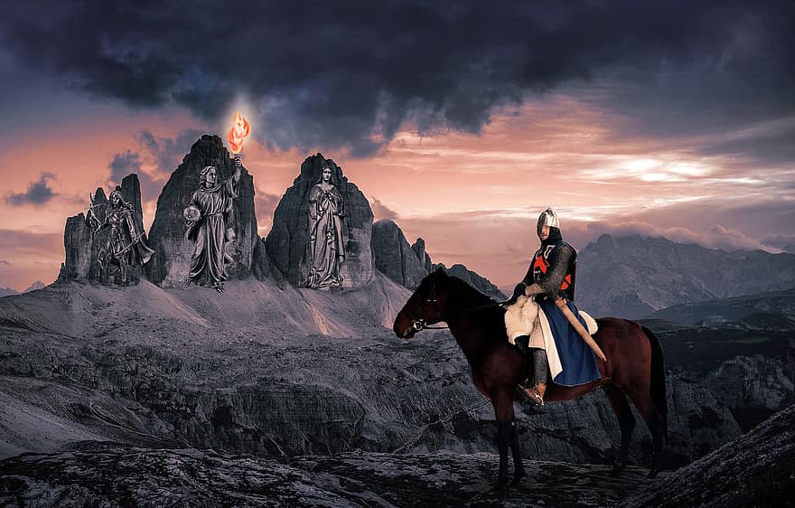 фантастика, рыцарь, наездник, путь, магия, горы, пламя, лошадь, гора, спорт, люди