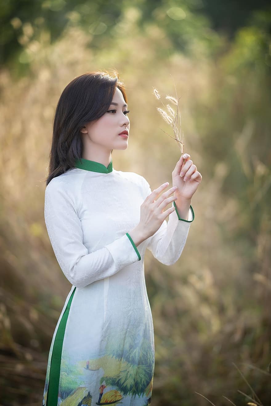 ao dai, moda, Kadın, Vietnam, Vietnam Ulusal Kıyafeti, Beyaz Ao Dai, geleneksel, güzellik, güzel, kız, poz
