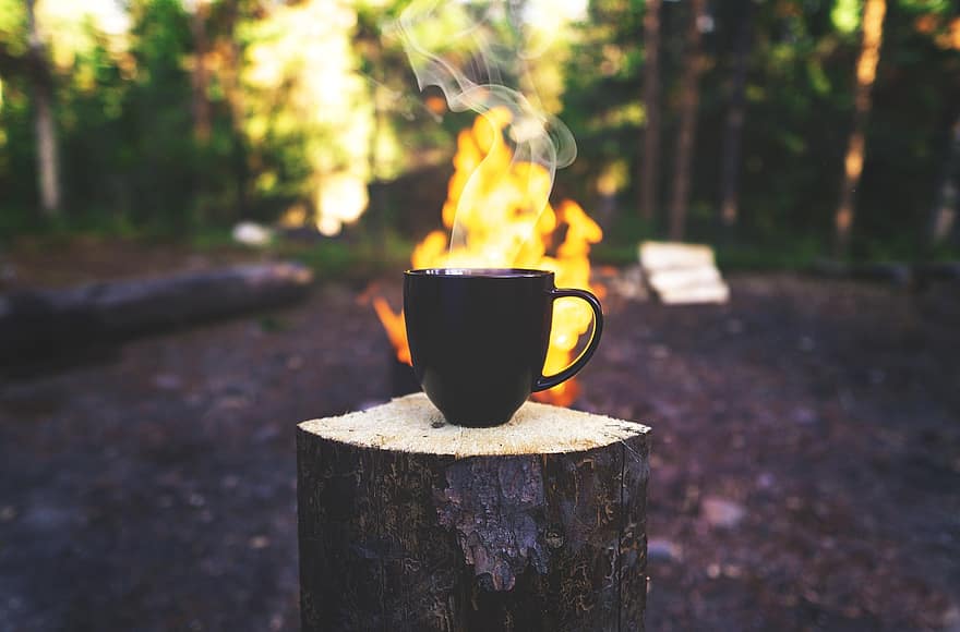 kaffe, udendørs, krus, ristede, ild, bål, frisk, damp, dampning, brygge, kop