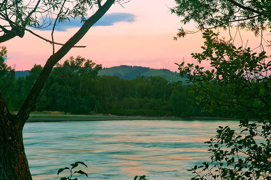 Altai, Mountains, River, Landscape, Lake, Sky, Sunset, Twilight, tree, summer, water