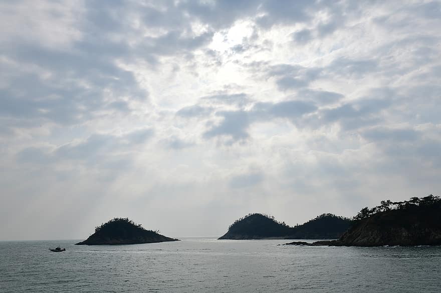 mar, isla, rocas, puesta de sol, Gunsan, azul, agua, paisaje, línea costera, verano, ola