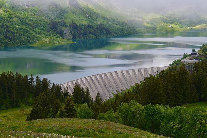 barragem de roselend, França, barragem, Rônes-alpes, feriados, Alpes franceses, Sabóia, Lago artificial, Gerando Energia, turístico, verão