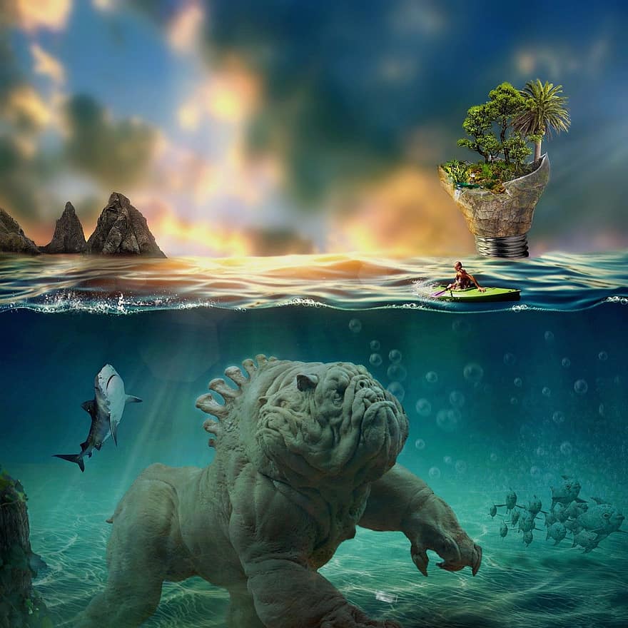 monster, hai, fisk, under vann, hav, kajakk, person, surrealistisk, dyr, øy, sollys