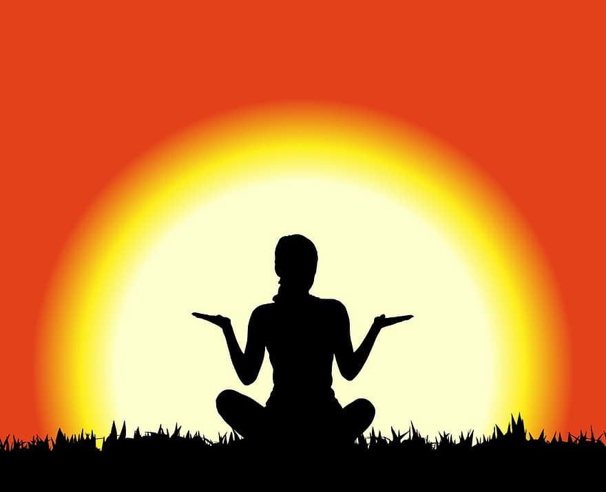 wanita, yoga, matahari terbenam, matahari, meditasi, bersantai, tenang