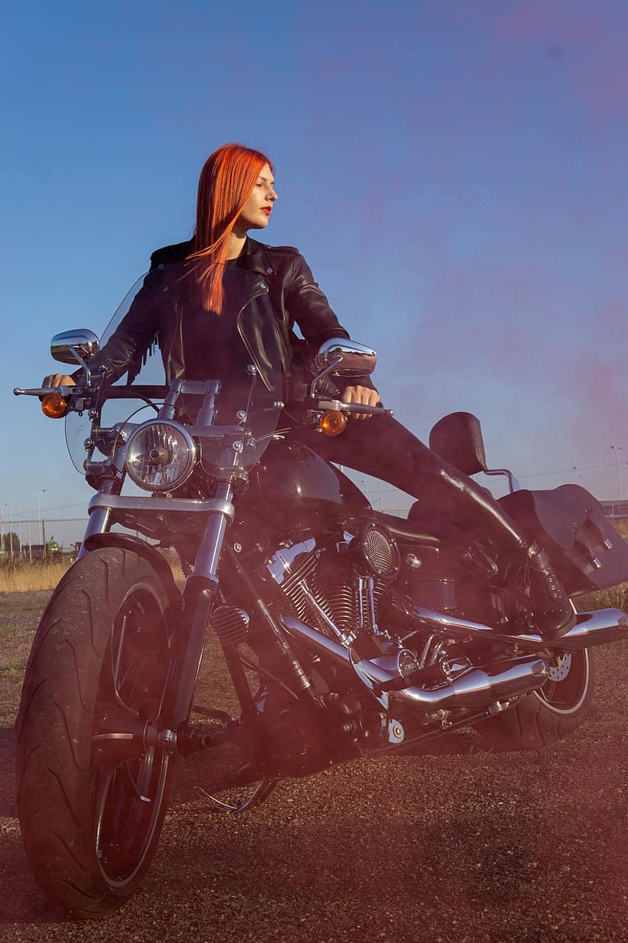 kvinne, biker, motorsykkel, Harley Davidson, skinnjakke, Motorsykkel