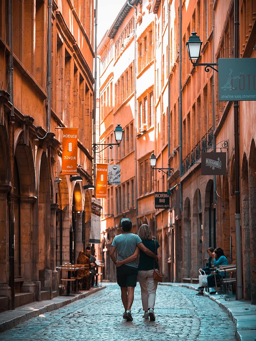 Street, Lyon, Love, Couple, Architecture, Alley, Cobblestones