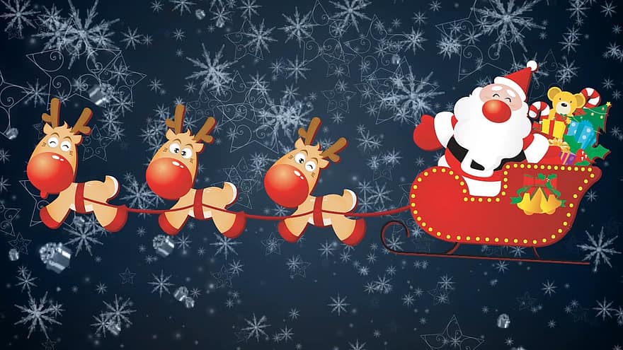 Santa Claus, Reindeer, Bobsled, Christmas, Santa, Snow, Xmas, Holiday, Gifts, Cartoon, Red