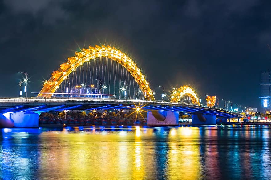 joki, silta, yö-, ilta, valaistu, valot, vesi, maisema, kaaren silta, lohikäärmäsilta, Hàn-joki