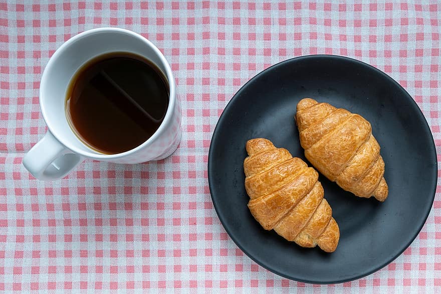 croissant, ital, reggeli, kávé, tea, kenyér, cukrászsütemény, sült, desszert, étkezés, falatozás