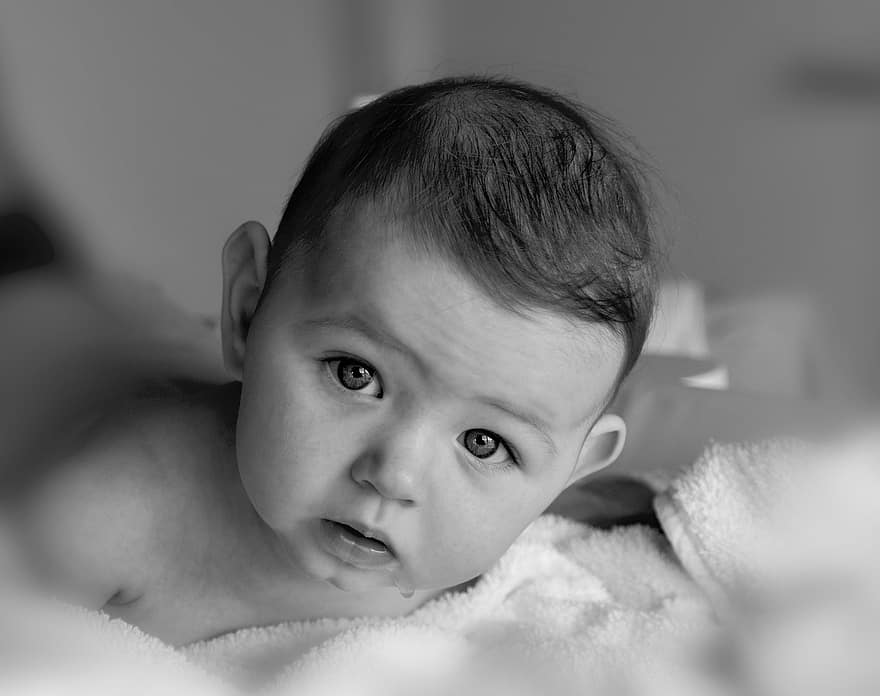 Baby, Surprised Look, Drool, Face, Towel, Child