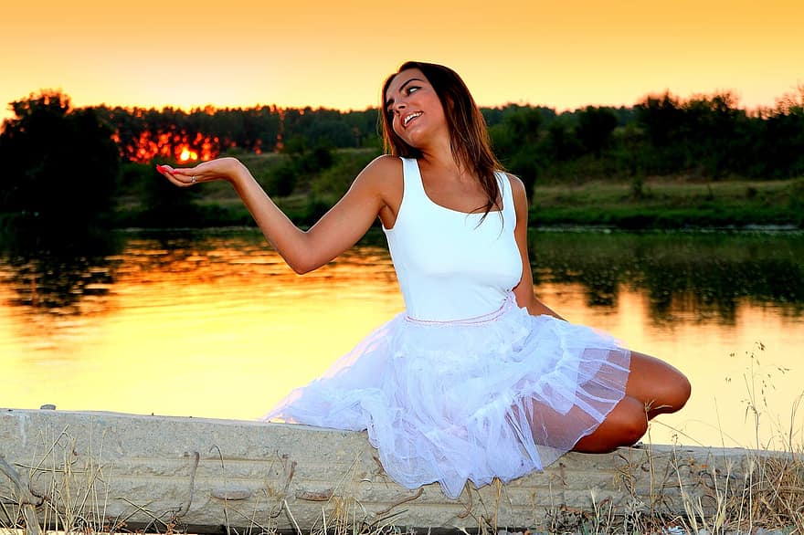 Girl, Sunset, Lake, Water, Reflection, In The Evening, Beauty, White, Nature