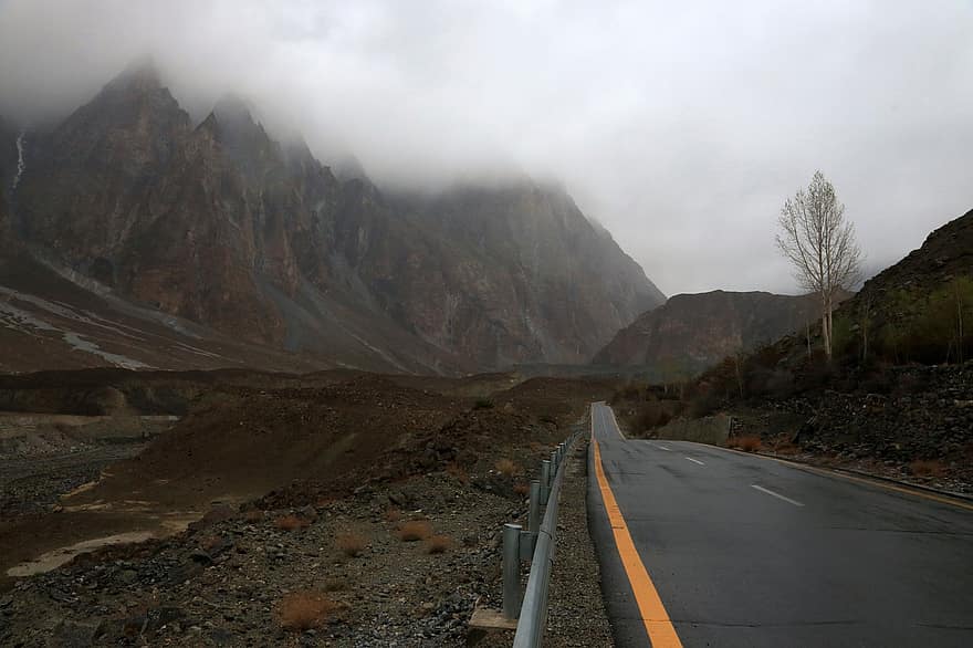 δρόμος, μονοπάτι, τρόπος, τοπίο, Αυτοκινητόδρομος, φθινόπωρο, ουρανός, βουνά, kkh, karakoram, Πακιστάν