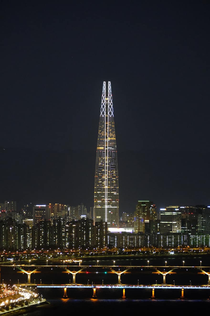 lottó világ torony, Dél-Korea, éjszaka, város, este, épületek, folyó, tájkép, felhőkarcoló, városkép, építészet