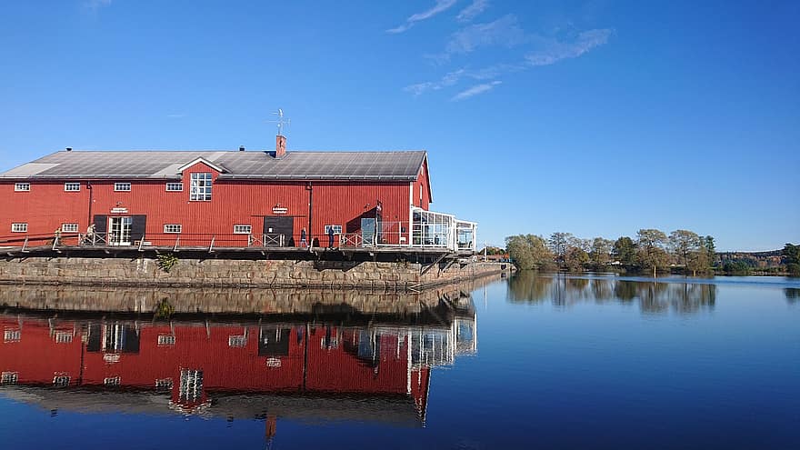 cestovat, jezero, Švédsko červená, červený dům