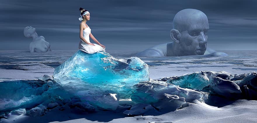 fantasía, glaciar, hielo, mujer, paisaje, surrealista, estado animico, hermoso, composición, nieve, brillante