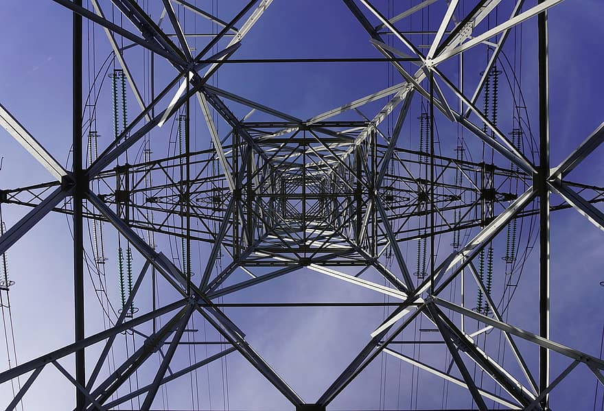 Power Lines, Electricity Tower, Electricity Pylon, Electrical Cables, blue, steel, construction industry, electricity, industry, technology, fuel and power generation