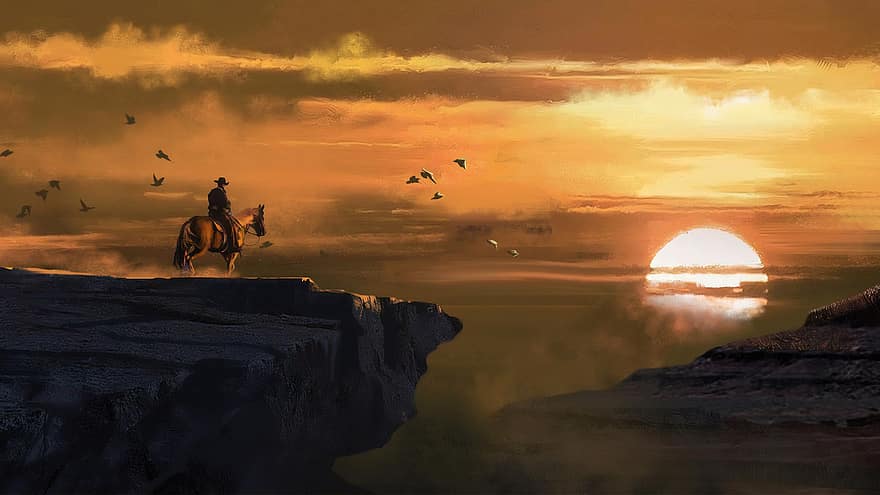 zonsondergang, man, paard, rijden, vogelstand, kudde, horizon