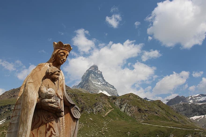 Mountain, Landscape, Switzerland, Matterhorn, mountain peak, religion, men, famous place, snow, cloud, sky