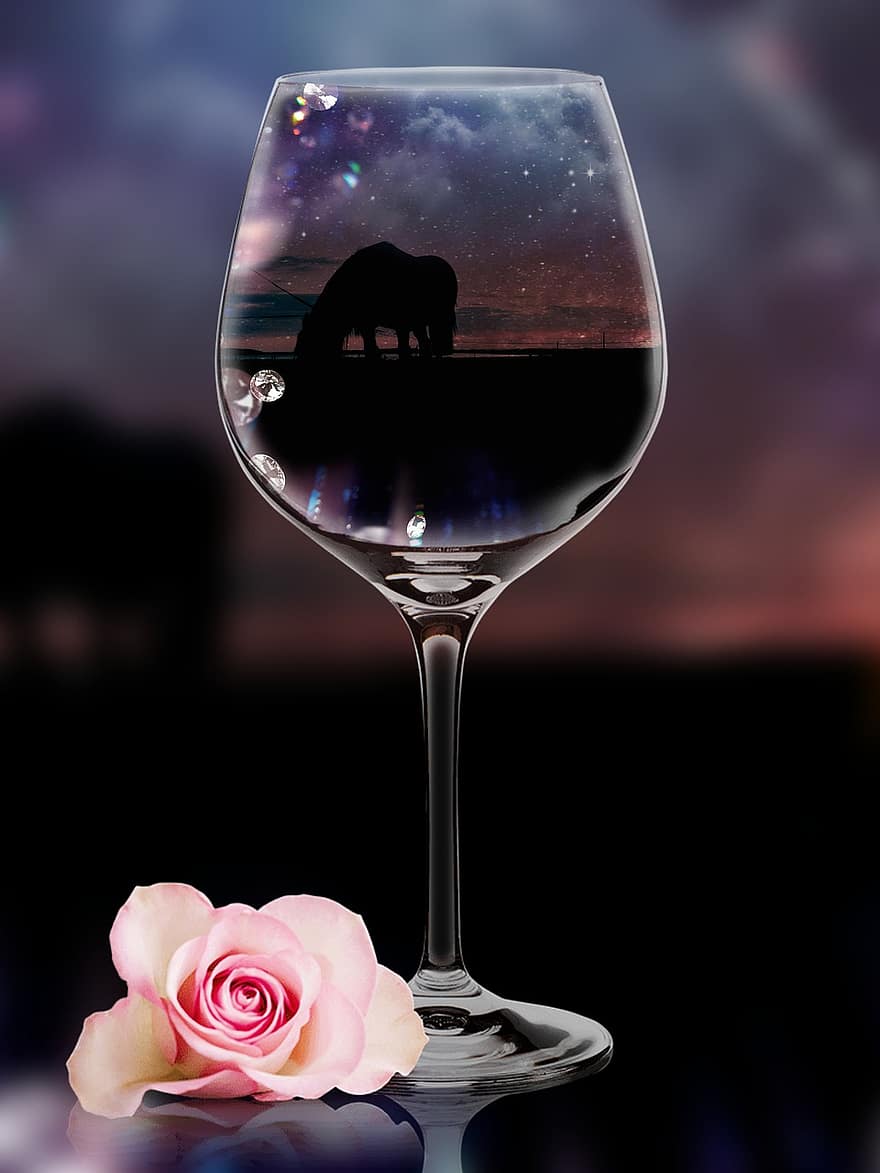 zonsondergang, silhouet, paard, paarden, bloem, roos, huwelijk, glas, wijn, de lente, bloemblad