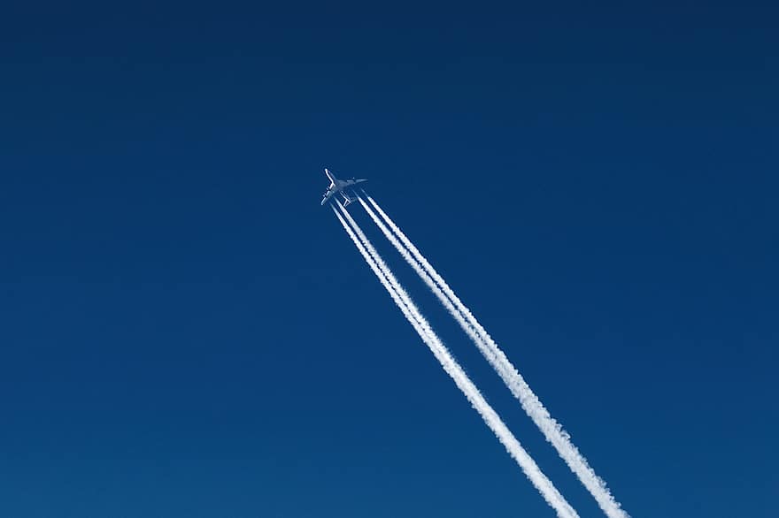 aeronave, estela, cielo, vuelo, avión, cielo azul, rastro de vapor, volador, turismo