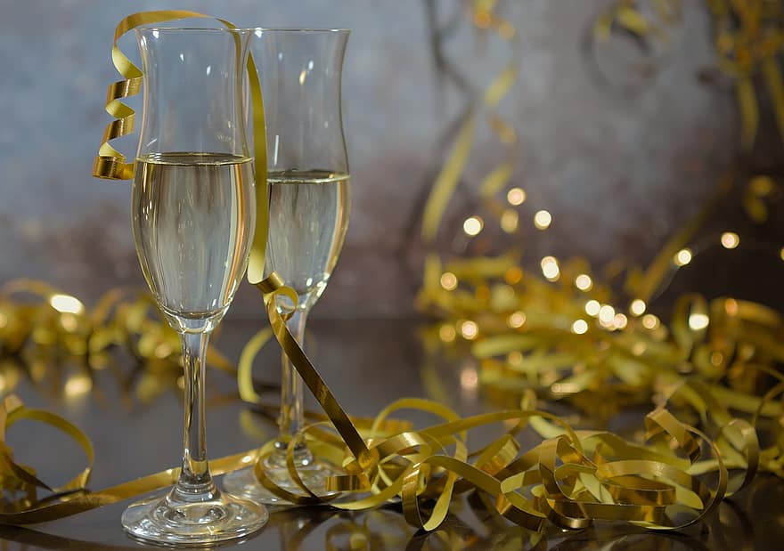 シルベスター、スパークリングワイン、眼鏡、花輪、お祝い、元旦