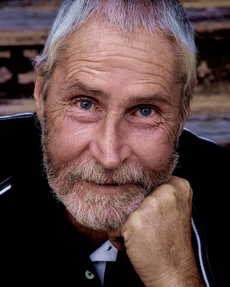 Férfi, idősebb, portré, idős, arc, szakáll, kék szemek, férfi