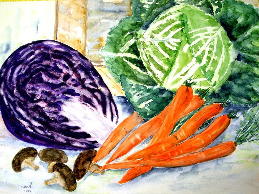 grøntsager, gulerødder, kohl, maleri, billede, kunst, maling, farve, kunstnerisk, billedmaleri, kunstnere
